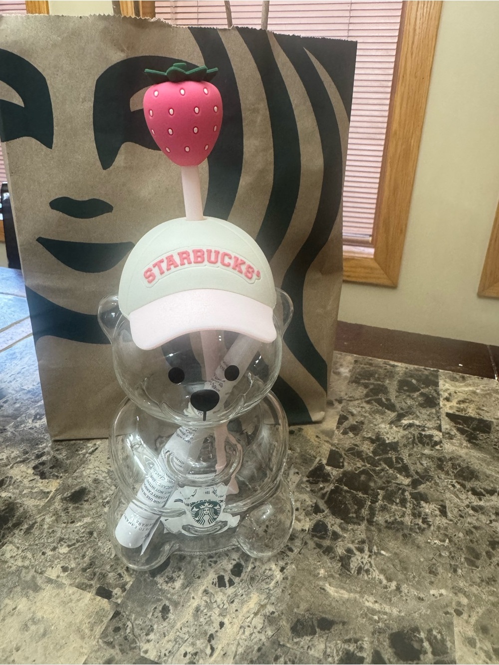 Starbucks Clear Bear Tumbler with Pink Strawberry Lid and Pastel Pink Cap